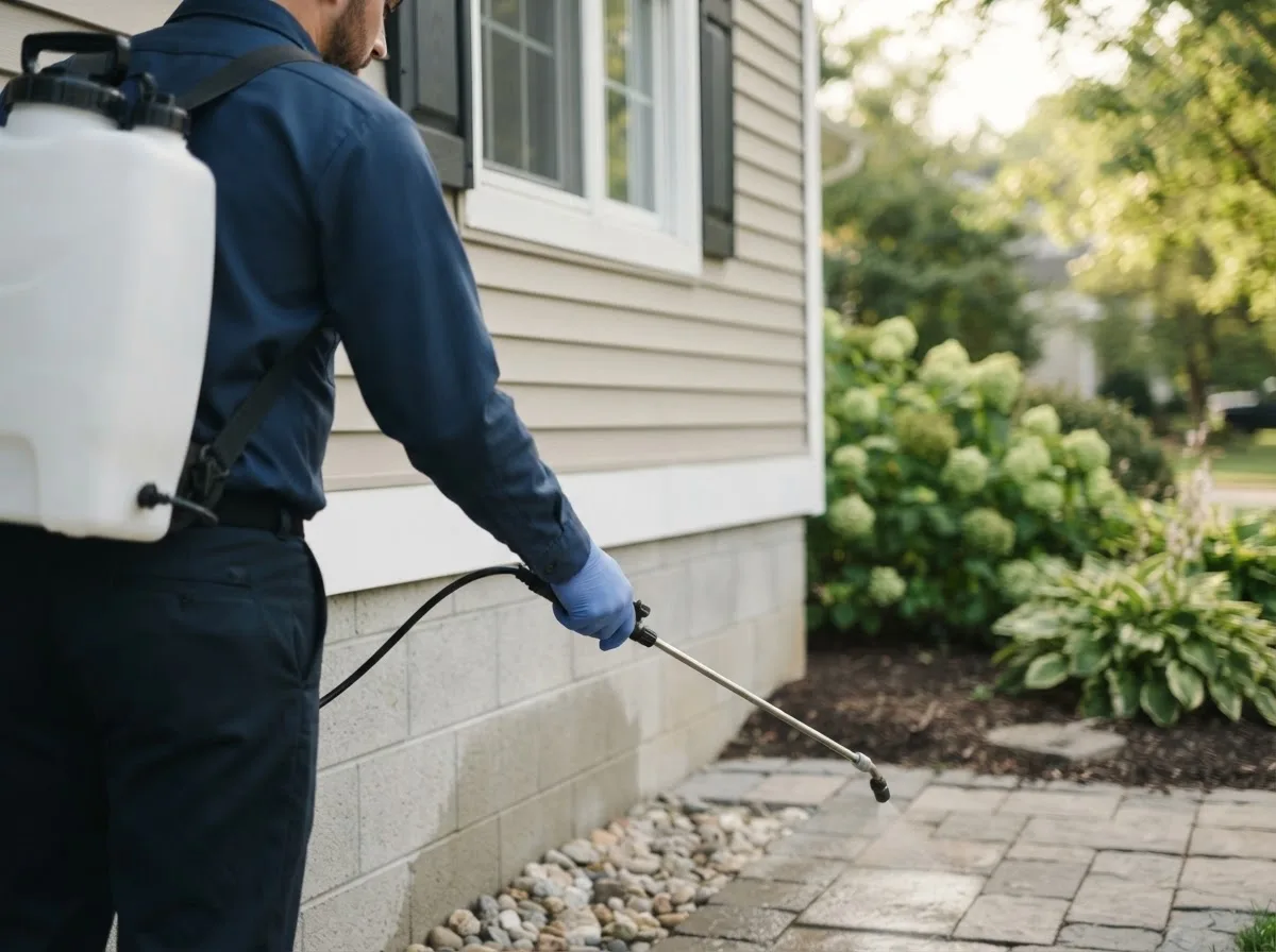 Pest control technician inspecting a home in Alplaus, NY
